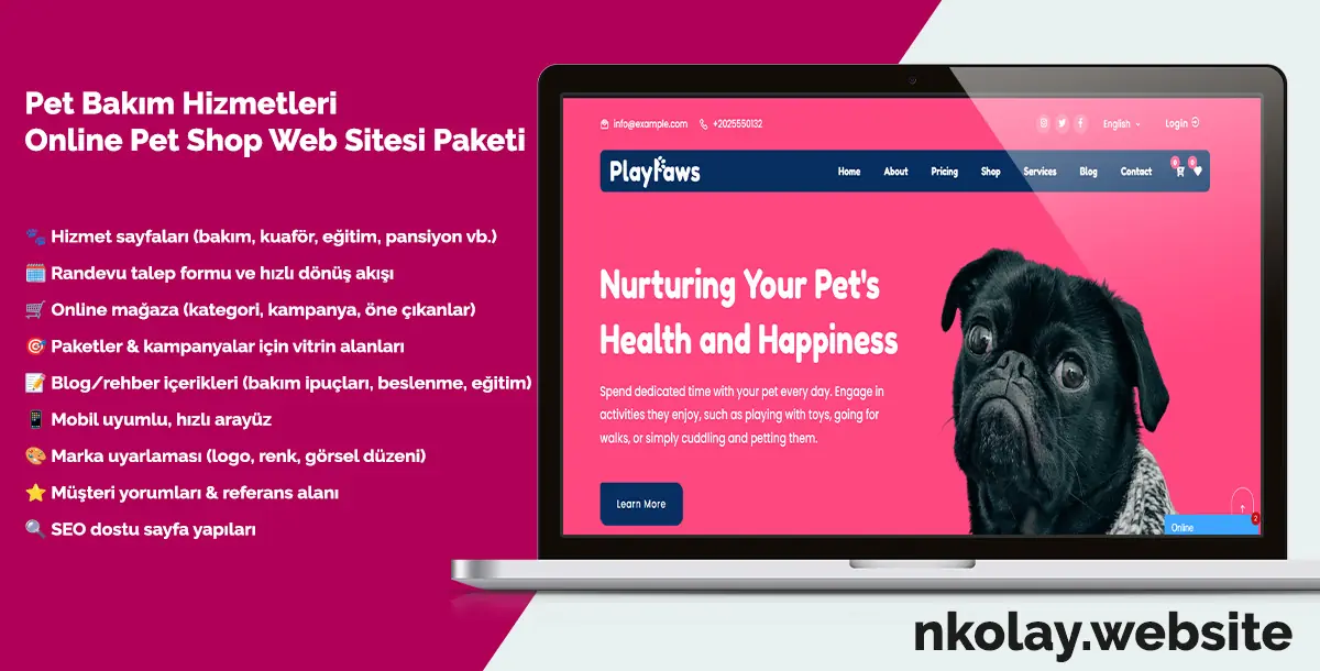 Pet Bakım Hizmetleri ve Online Pet Shop Web Sitesi Paketi